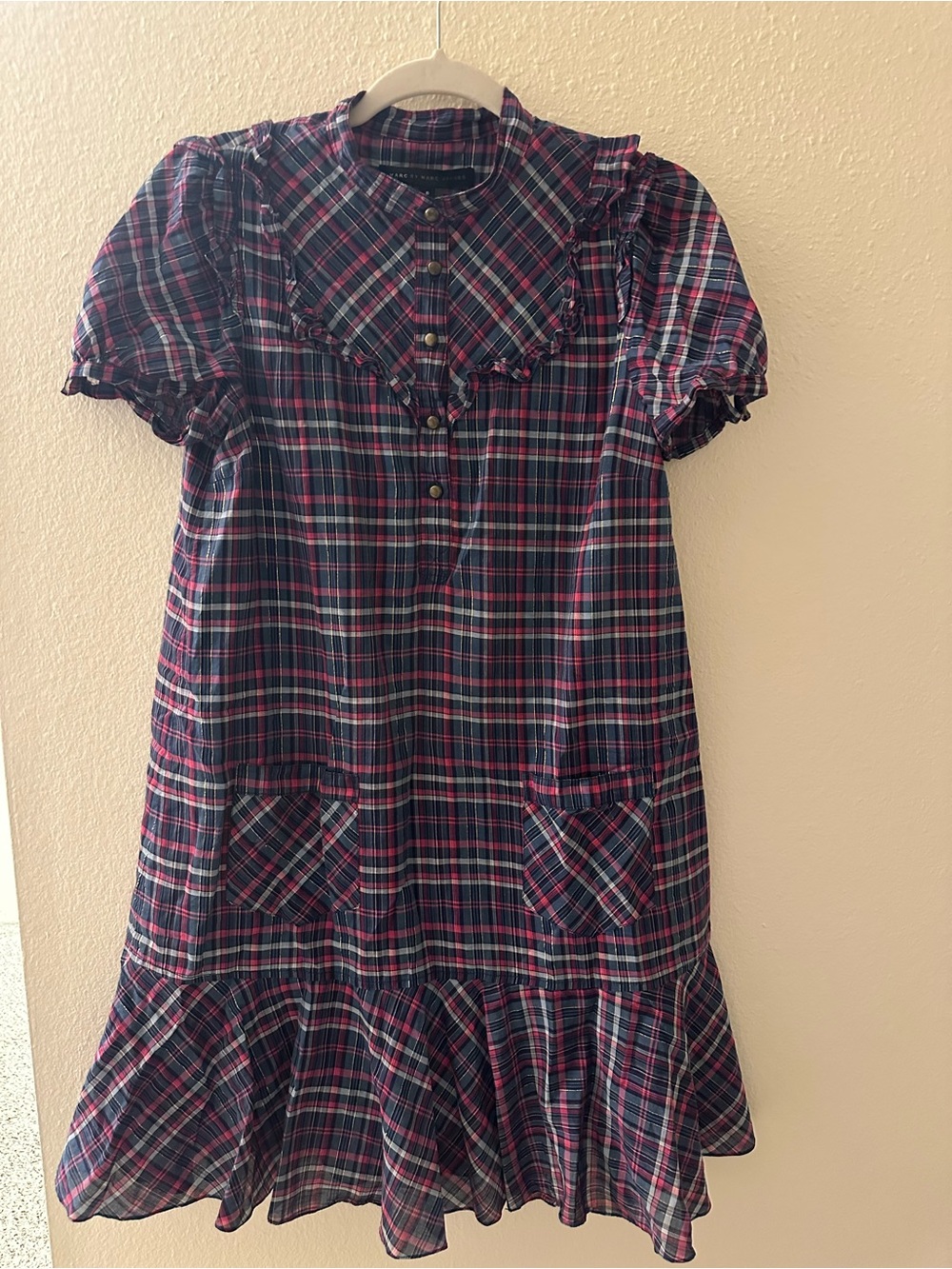 Marc by Marc Jacobs Navy, Pink & Yellow Plaid Ruffle Button-Front Shirt - Picture 5 of 6